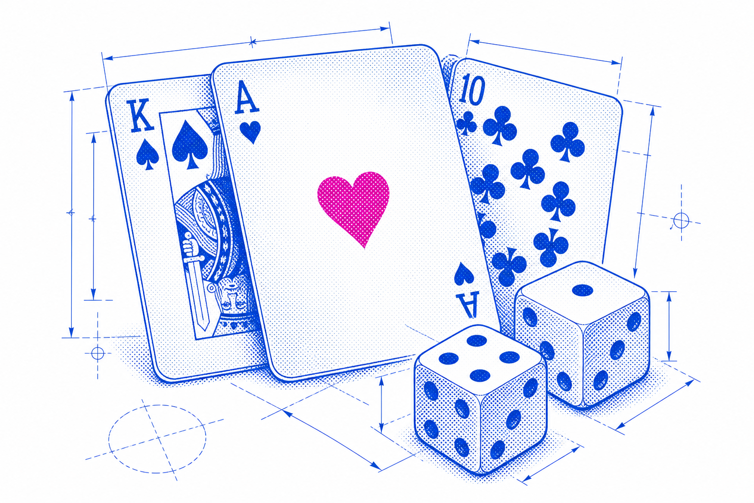 Halftone technical drawing of cards and dice with blueprint marks