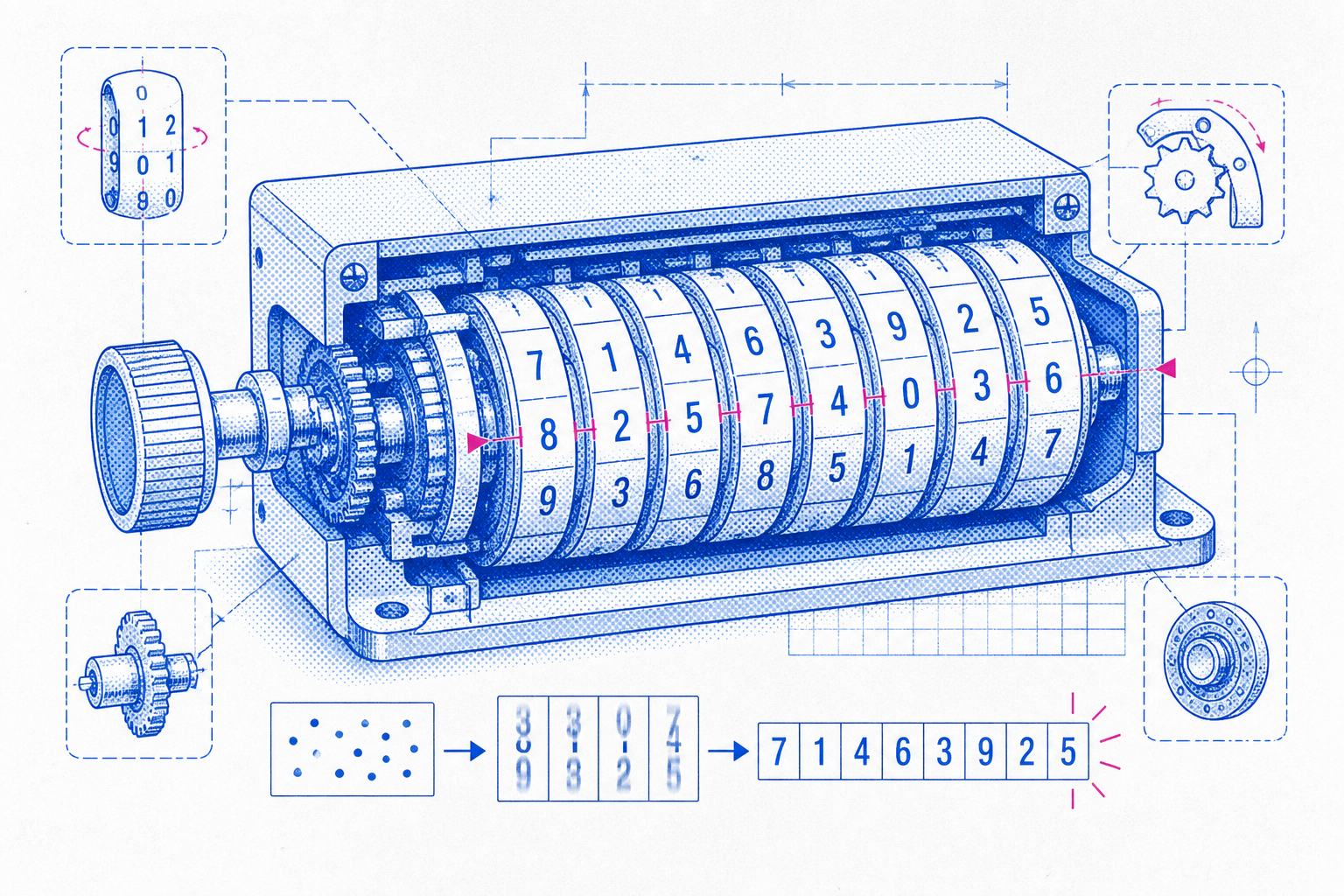 Blueprint-style diagram suggesting mechanical RNG cylinders